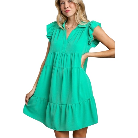 Umgee Dresses & Skirts - Umgee Johnny Collar Tiered Ruffle Sleeve Mini Dress - Teal Green Sz Small NWT